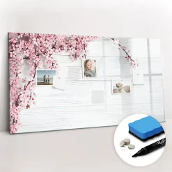 Clearance Wallfluent Tableau Aimanté 120x60 cm Fleurs de printemps Marqueur noir En Verre Pour Cuisine