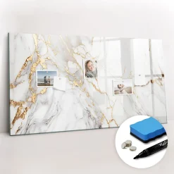 Wallfluent Tableau Aimanté 120x60 cm Marbre décoratif Marqueur noir En Verre Pour Cuisine* Pêle-Mêle Et Pense Bête