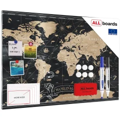 ALLboards Tableau Magnétique en Métal Motif Carte du Monde Noir Vintage 90x60cm, MetalBoards pour tout type d'Aimants* Pêle-Mêle Et Pense Bête