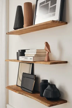Woodbord Tablette Bois Teck Indo Massif Huilé - Bord Naturel Irrégulier - 18x110x600mm - Etagère Murale de Bureau, Cuisine* Etagère Murale