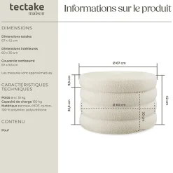 Tectake Tabouret avec espace de rangement rond 67 x 42 cm* Pouf Et Poire