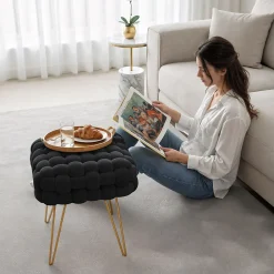 Hot Akord Furniture Factory Tabouret en velours tressé rembourré 38 cm DOTTY Noir
