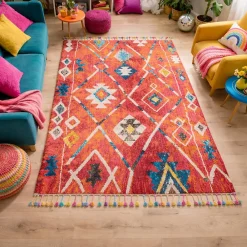 Best Unamourdetapis Tapis berbère tissé motifs tribaux LYN5 OURIKA B, bleu, jaune, rose, orange, blanc