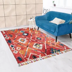 Best Unamourdetapis Tapis berbère tissé motifs tribaux LYN5 OURIKA B, bleu, jaune, rose, orange, blanc