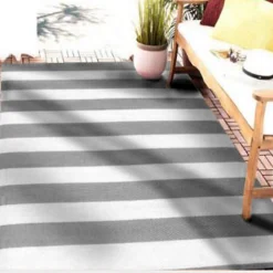 Dylrev Tapis d'extérieur tissé à rayures gris et blanc L.230 x l.160 cm,* Tapis Extérieur