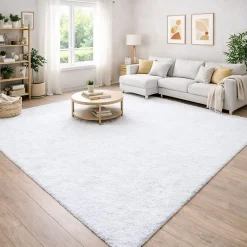 Unamourdetapis Tapis poils longs shaggy tissé motif uni UNI I, Blanc
