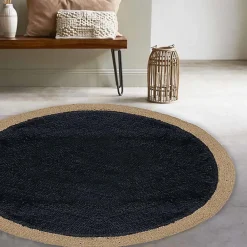 Dylrev Tapis Rond en Jute et Coton, 120 cm, Noir et Jute,* Tapis Pour Chambre