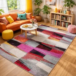 Clearance Unamourdetapis Tapis salon et chambre tissé motif ethnique ELYZA, rouge, vert, violet, bleu, écru