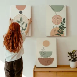Wallfluent Trio de Tableaux Décoratifs 40x60 cm Formes Végétales Abstraites Bords Imprimés Finition Parfaite Prêt à Poser* Tableau Déco