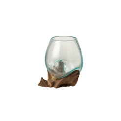 Clearance J-Line Vase en verre sur socle bois 13x10x11 cm