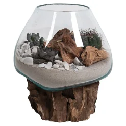 House Nordic Vase sur socle bois en verre transparent 18x20 cm* Vase Décoratif