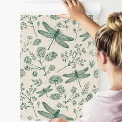 Sale Muralo Vlieseline Papier Peint Photo LIBELLULE Fleurs Feuilles Pour Chambre