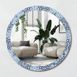 Best Wallfluent XXL Miroir Rond Cadre Verre fi100 cm Motif Arabe Bleu Décoration Murale Premium Sécurisé