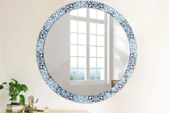 Best Wallfluent XXL Miroir Rond Cadre Verre fi100 cm Motif Arabe Bleu Décoration Murale Premium Sécurisé