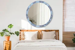 Best Wallfluent XXL Miroir Rond Cadre Verre fi100 cm Motif Arabe Bleu Décoration Murale Premium Sécurisé